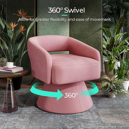LINSY Swivel Barrel Chair, 360 Modern Swivel Accent Chair Boucle Swivel Chair Round, Pink Velvet Chairs with Arms, Small Barrel Chair for Small Spaces Bedroom Living Room