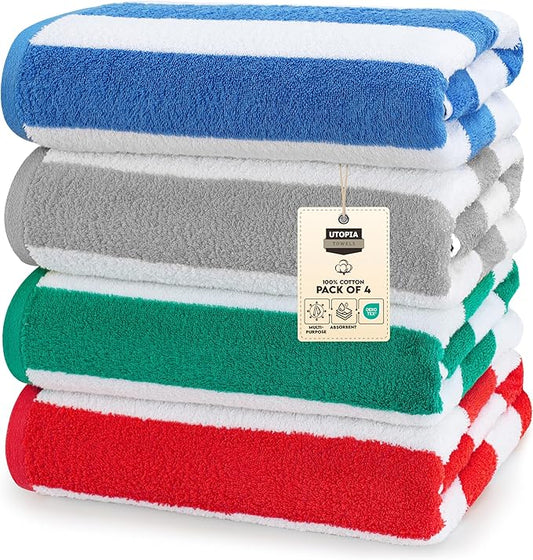 Utopia Towels 4 Pack Cabana Stripe Beach Towel Oversized 100% Ringspun Cotton Beth Towels Highly Absorbent Bath Towels for Beach
