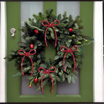 FLAIR GIFTS 6 Pcs 4.3" x 6" 2025 Christmas Red Bows for Tree Decor, Sparkly Glitter Rhinestone Bow Ornaments with Twist Tie for Xmas Decoration, Wreath, Garland, Gift Wrapping