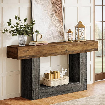 Tribesigns 63-Inch Long Console Table, 2-Tier Entryway Table Sofa Table with Storage, Farmhouse Wood Behind Couch Tables for Living Room, Hallway, Rustic Brown & Gray