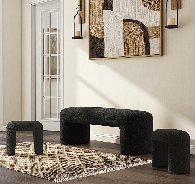 3-Pieces Modern Upholstered Ottoman Waterfall Bench for Bedroom End of Bed Accent Chair, 53" Sherpa Entryway Bench Sets, Comfy Indoor Narrow Window Bench Bed Stool Living Room Bedroom, Black