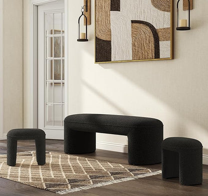 3-Pieces Modern Upholstered Ottoman Waterfall Bench for Bedroom End of Bed Accent Chair, 53" Sherpa Entryway Bench Sets, Comfy Indoor Narrow Window Bench Bed Stool Living Room Bedroom, Black