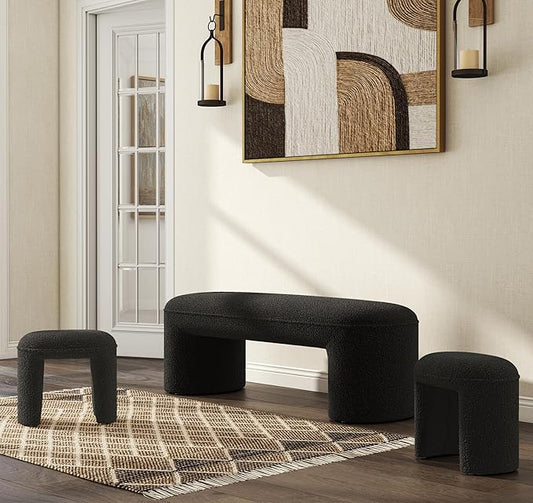 3-Pieces Modern Upholstered Ottoman Waterfall Bench for Bedroom End of Bed Accent Chair, 53" Sherpa Entryway Bench Sets, Comfy Indoor Narrow Window Bench Bed Stool Living Room Bedroom, Black