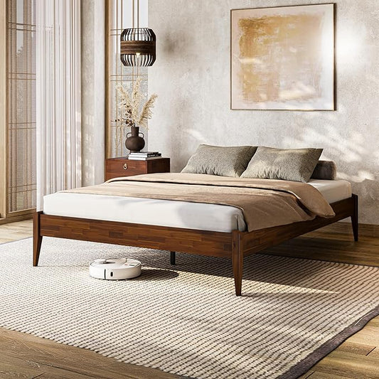 Bme Dinkee 15-Inch Solid Wood Queen Platform Bed Frame - Japanese Joinery, Minimalist Style - Wood Slats, Easy Assembly, No Box Spring Needed - Chocolate