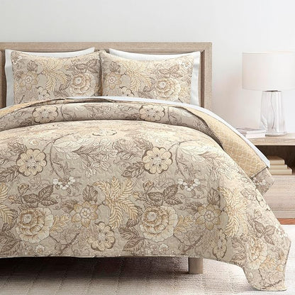 Lush Decor Sydney Reversible Cotton Quilt Set Queen 3 Piece Bedding, Beige Floral Neutral