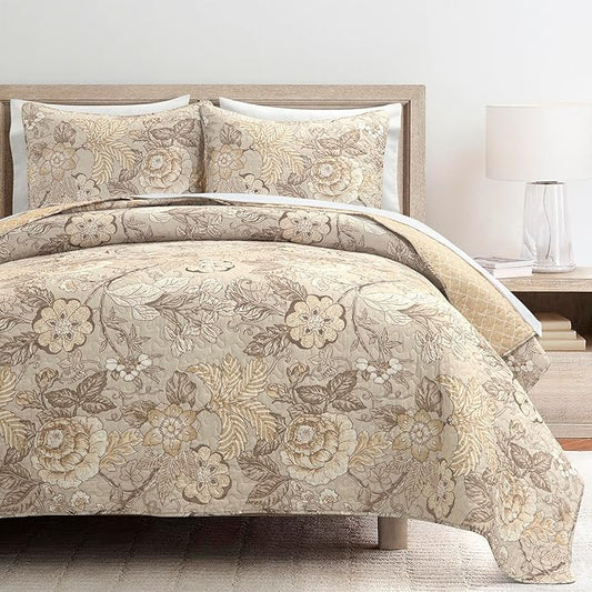 Lush Decor Sydney Reversible Cotton Quilt Set Queen 3 Piece Bedding, Beige Floral Neutral