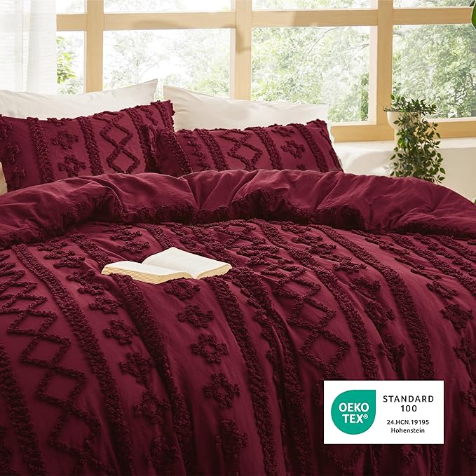 Bedsure Tufted Boho Comforter Set Queen Size - Dark Red Boho Bed Set, GentleSoft™ 3 Pieces Farmhouse Shabby Chic Embroidery Bedding, Gifts for Woman, Soft Jacquard Queen Comforter for All Seasons