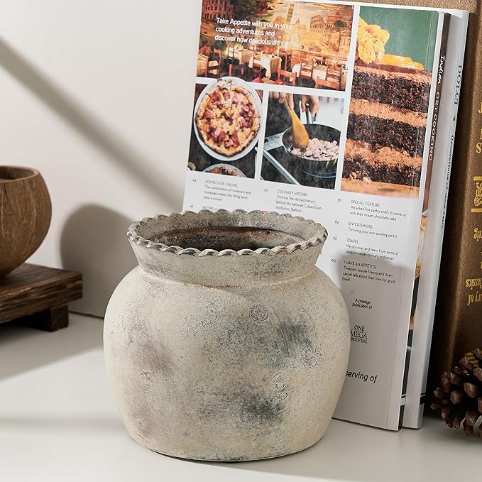 SIDUCAL Ceramic Flower Vase with Wide Mouth Lace, 5.1 Inch Pottery Rustic Farmhouse Boho Vases, Small Terracotta Vase for Home Decor, Table, Living Room, Bathroom, Shelf, Wedding, Terra