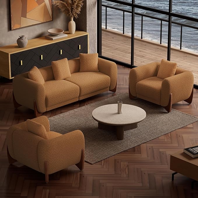 Morden Fort 3 Piece Boucle Sofa Set, Modern Upholstered Couches Sofas Set Durable Comfy Boucle Pet-Friendly, 2 Arm chairs & 3-Seater Sofa Sets for Living Room Bedroom Apartment, Toffee Orange