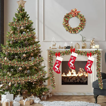50 FT Christmas Tinsel Garland Christmas Decorations for Xmas Tree Decor Metallic Twist Shiny Hanging Garlands for Tree Mantel Stairs Fireplace Home Indoor Holiday Party Supplies (Red Green Gold)