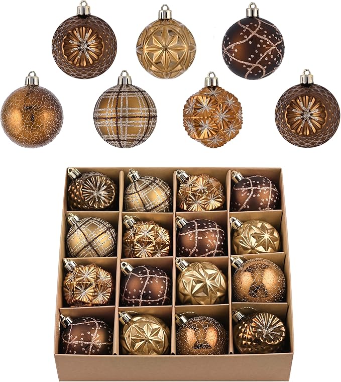 Valery Madelyn Fall Ornaments for Christmas Trees, 16ct Bronze Copper Brown Gold Shatterproof Fall Christmas Tree Decorations, 2.36 Inches Luxury Hanging Ball Ornaments for Thanksgiving Autumn Harvest