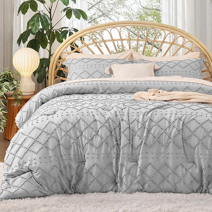 Bedsure Full Comforter Set - Light Grey Comforter, Boho Tufted Shabby Chic Bedding for Kids, 3 Pieces Vintage Farmhouse Bed Set for All Seasons, Fluffy Soft Bedding with 2 Pillow Shams
