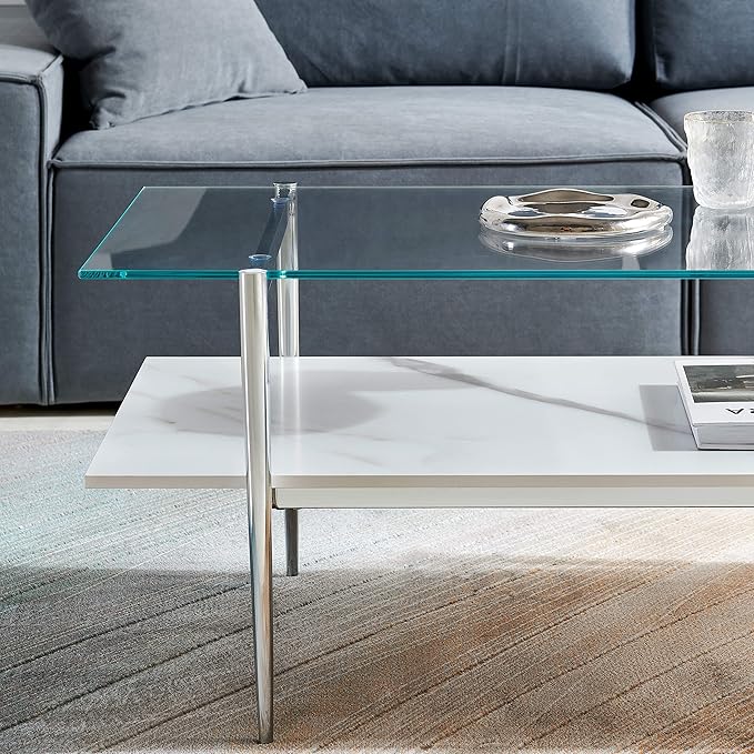 AGV LIGHTING Tadio Glass Coffee Table, Mid-Century Modern Coffee Table for Living Room, Chrome Finish Leg, Clear Glass Top & Faux Marble Wood Shelf, 41 in