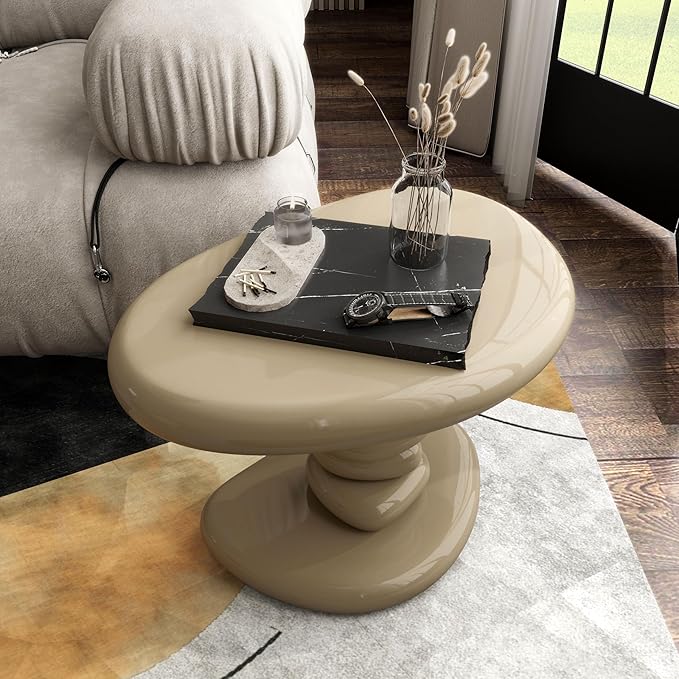 24/7 Shop at Home Kavren Modern 37-inch 2-Piece Oval Glossy Low Profile Coffee Table Set, Stone Shape Living Room Furniture for Small Space, Light Brown