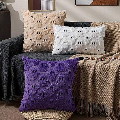 DFXSZ Halloween Pillow Covers 20x20 inch Set of 2 Beige Ghost Throw Pillow Cases Soft Plush Faux Fur Wool Cushion Case for Chair Bedroom Living Room Home Decor PTK03D20