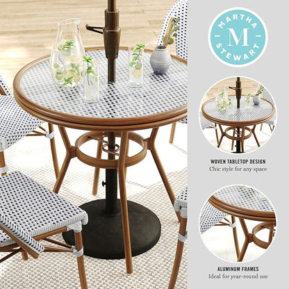 Martha Stewart Lily Pond 31” Round Indoor-Outdoor Bistro Dining Table with Aluminum Frame in Natural Woodgrain and Rattan Top in White/Navy with Tempered Glass Top