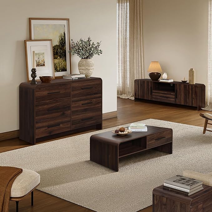 LuxenHome 47” Coffee Table with Storage, Mid-Century Modern Walnut Finish Wood Center Table with 2-Drawer and Open Shelf for Living Room, Accent Cocktail Tables with Safe Rounded Corners