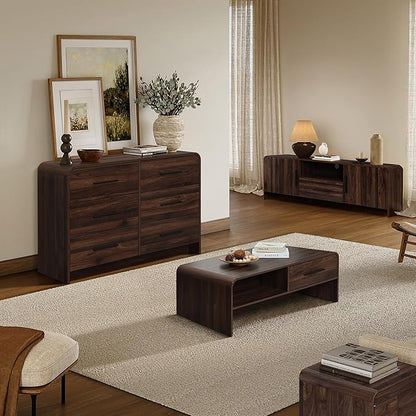 LuxenHome 47” Coffee Table with Storage, Mid-Century Modern Walnut Finish Wood Center Table with 2-Drawer and Open Shelf for Living Room, Accent Cocktail Tables with Safe Rounded Corners