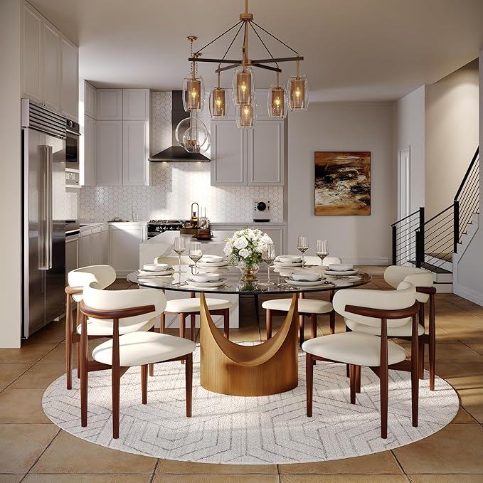 POVISON Round Dining Table for 6, 59" Glass Tabletop Dining Table with Bronze Carbon Steel Pedestal, Modern Dining Room Table for Kitchen, Living Room (Table Only)