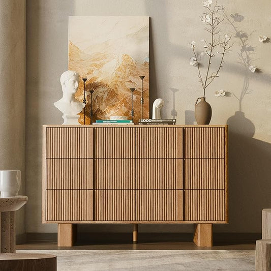 Fluted Dresser for Bedroom with 6 Drawers,47" Wide Modern Chest of Drawers with Wooden Handle, Wooden Dresser TV Stand, Wood Closet Clothes Storage Organizer for Living Room, Hallway, Natural Oak