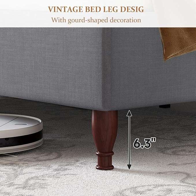 Queen Bed Frame Upholstered Platform Bed with 51" Tall Headboard Wingback, Soft Fabric, Retro Simple Style No Box Spring Needed, Easy Assembly, Grey