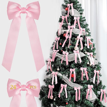 AYGXU 24pcs Twist Tie Bows,Christmas Bow,Pink Bows for Christmas Tree Decorations,Double-Sided Ribbon Bow Decorations for Christmas Party,Bag Ties Twists