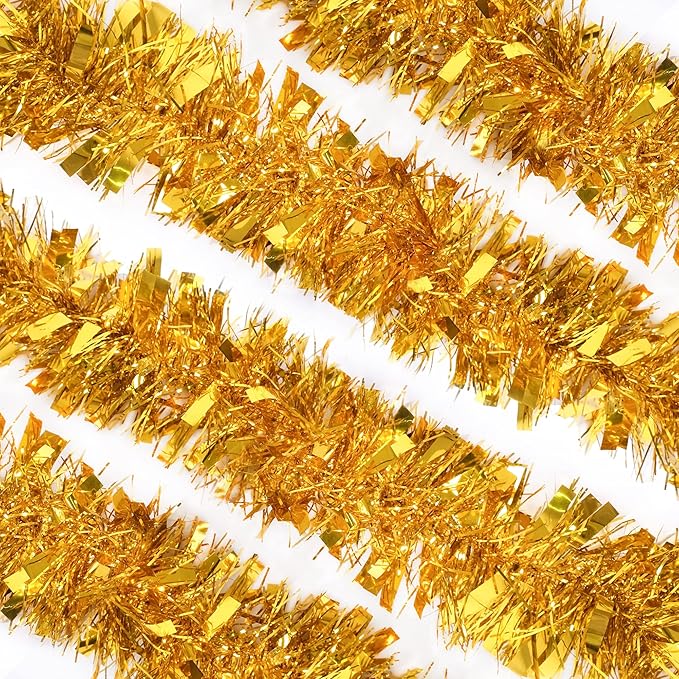 CANREVEL 4 Pieces 26.2 Ft Christmas Garland Metallic Shiny Twist Tinsel Garland Hanging Decorations for Christmas Tree, Mantle, Stairs Railing Decorations - Gold
