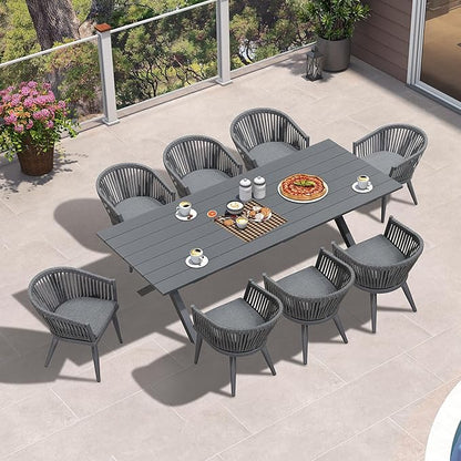 PURPLE LEAF 9 Piece Longer Outdoor Dining Set with Patio Aluminium Dining Table and Wicker Chairs Modern Furniture Cushions Sets for Backyard Indoor Decor Kitchen Gray