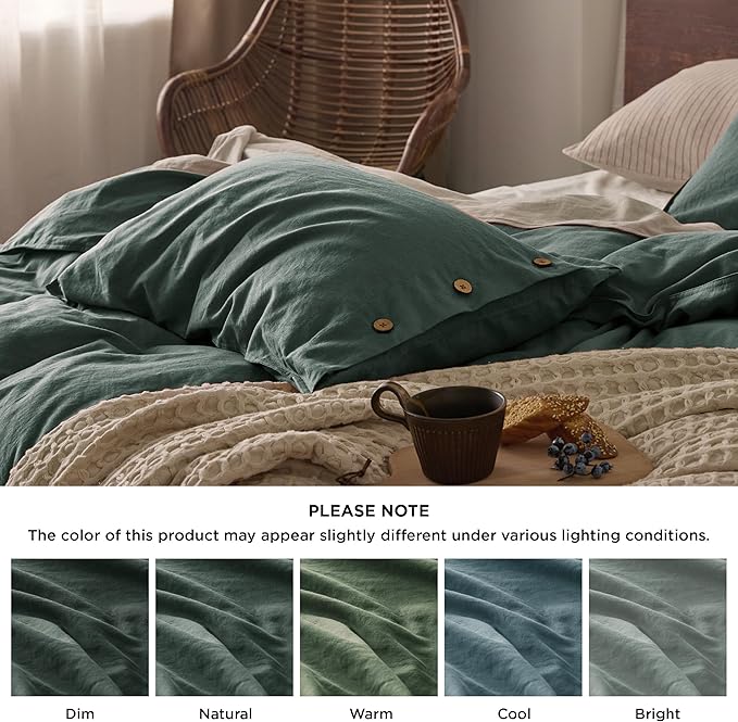 Bedsure Linen Duvet Cover Queen - Linen Cotton Blend Bedding Set, Soft & Cozy, 3 Pieces, 1 Duvet Cover 90x90 Inches and 2 Pillowcases, Dark Green Color Cooling Bedding, Comforter Sold Separately
