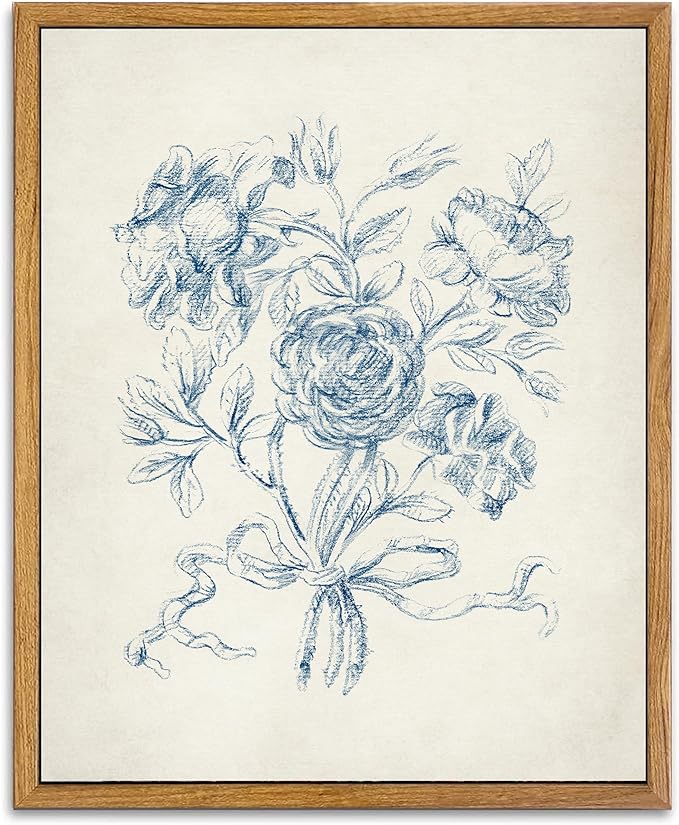 KBKBART Framed Floral Wall Art, Vintage Blue Rose Bouquet Sketch Canvas Oil Painting, Antique Victorian Wall Decor, Minimalist Bedroom Wall Art Aesthetic, Neutral Flower Art Prints for Bedroom Living Room, Gallery, Gifts for Friends or Family(9"x12")
