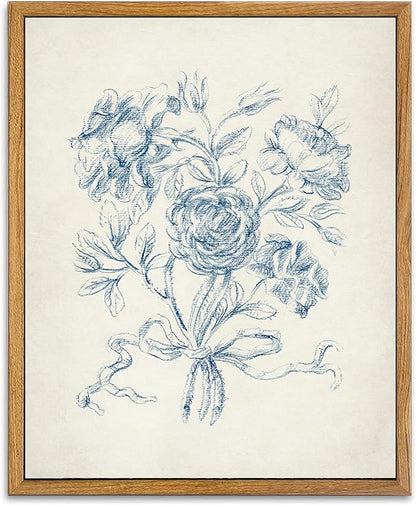 KBKBART Framed Floral Wall Art, Vintage Blue Rose Bouquet Sketch Canvas Oil Painting, Antique Victorian Wall Decor, Minimalist Bedroom Wall Art Aesthetic, Neutral Flower Art Prints for Bedroom Living Room, Gallery, Gifts for Friends or Family(9"x12")