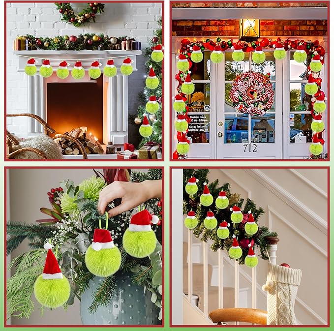 12 Pcs Lime Green Furry Christmas Balls Ornaments, 2.36 Inch Pom Pom Ball with Christmas Hat Hanging Decoration for Tree Green Christmas Home School Office Hanging Decor