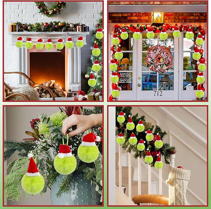 12 Pcs Lime Green Furry Christmas Balls Ornaments, 2.36 Inch Pom Pom Ball with Christmas Hat Hanging Decoration for Tree Green Christmas Home School Office Hanging Decor