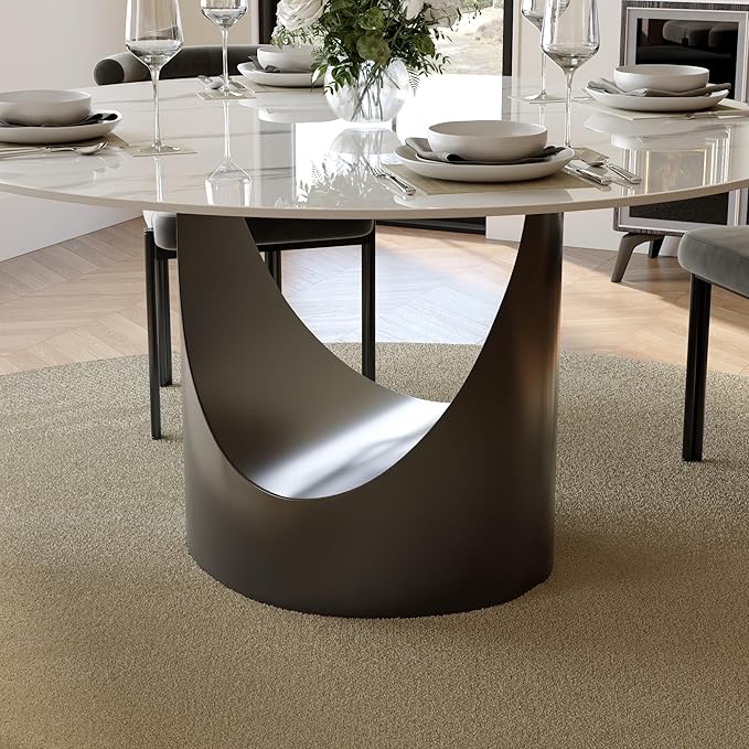 POVISON Round Dining Table for 4, 51" Glossy White Sintered Stone Top Dining Table with Grey Carbon Steel Pedestal, Modern Dining Room Table for Kitchen, Living Room (Table Only)