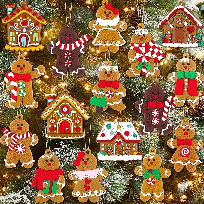 16Pcs Gingerbread Man Ornaments for Christmas Tree Gingerbread Christmas Decorations with Gingerbreads House Ornament for Christmas Tree Hanging Party Decor