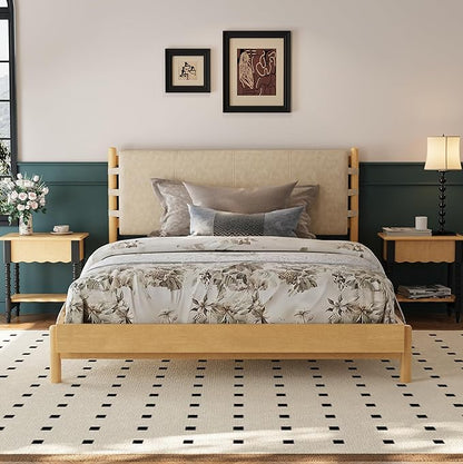 Premium Rubber Wood Platform Bed Frames, Queen Size Headboard Included, Mid Century Modern Beds, Beige