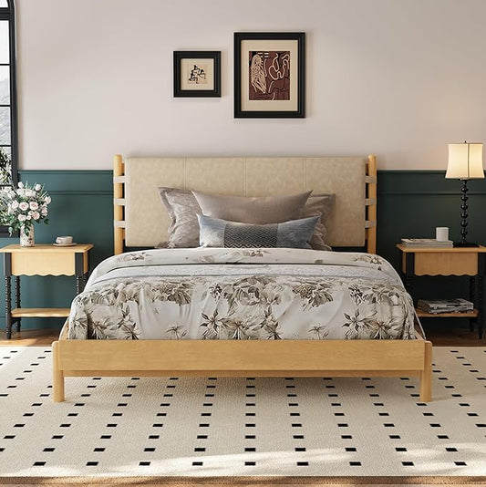 Premium Rubber Wood Platform Bed Frames, Queen Size Headboard Included, Mid Century Modern Beds, Beige