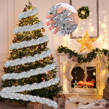 50 FT Silver Christmas Tinsel Garland Christmas Decorations for Xmas Tree Decor, Shiny Metallic Twist Hanging Tinsel Garlands for Stairs Mantle Fireplace Home Indoor Outdoor Holiday Party Supplies