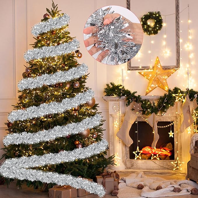 50 Feet Silver Christmas Tinsel Garland for Christmas Tree Decorations, Xmas Metallic Twist Shiny Hanging Garland Decor for Mantle Stairs Fireplace Home Holiday Indoor Outdoor