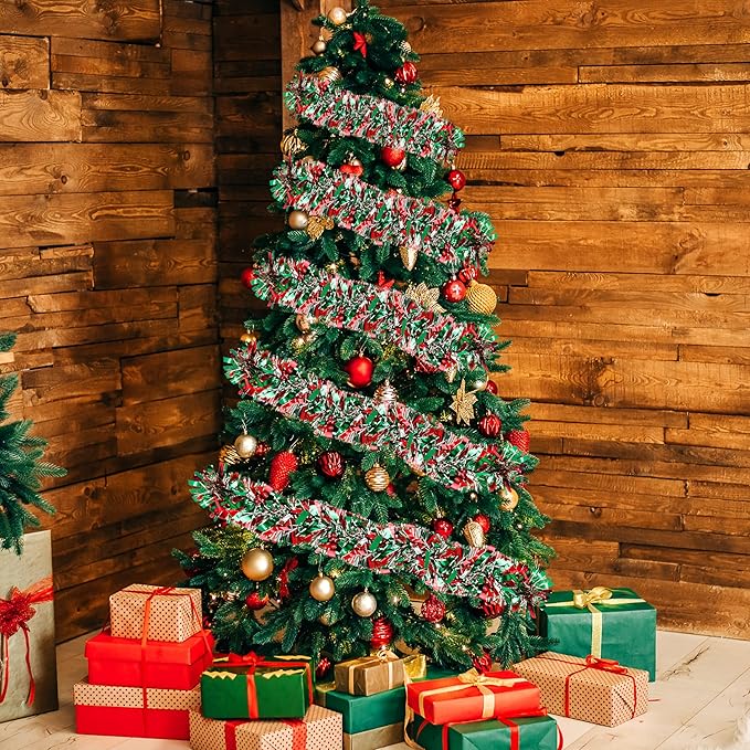 50 Ft Christmas Tinsel Garland Thick Tinsel Garland Xmas Tree Decorations Metallic Tinsel Twist Garland for Christmas, Birthday, Party Decor Indoor Outdoor Party Supplies