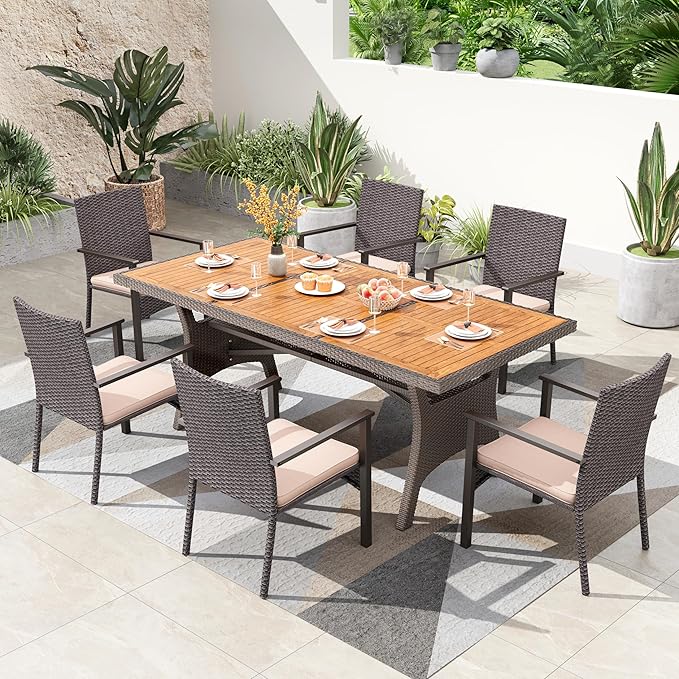 PHI VILLA Outdoor Dining Set for 6, Rectangular Rattan Table with Acacia Wood Top & Wicker Chairs with Cushions, 74” Large Modern Furniture Set for Patio, Deck, Backyard, Porch