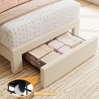 GarveeHome Twin Bed Frame with Under-Bed Drawer, Upholstered Platform Bed with Wave Headboard for Kids/Girls, Wooden Slats Support, No Box Spring Needed, Boucle Beige