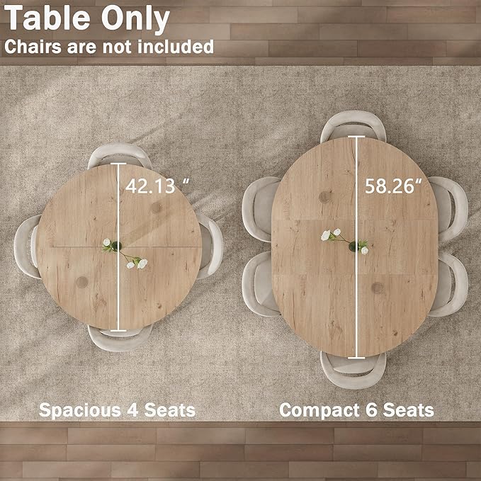 42"-58" Extendable Round Dining Table for 4-6, Kitchen Oval Table with Hidden Leaves & Storage Shelf, Space Saving Modern Design with Sturdy Metal Legs for Kitchen, Dining Room & Small Apartments