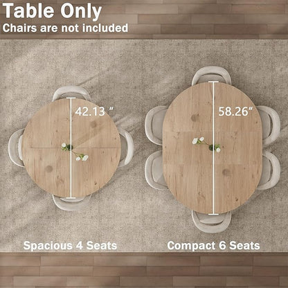 42"-58" Extendable Round Dining Table for 4-6, Kitchen Oval Table with Hidden Leaves & Storage Shelf, Space Saving Modern Design with Sturdy Metal Legs for Kitchen, Dining Room & Small Apartments