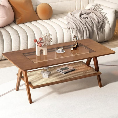 Mid Century Modern Coffee Table with Glass Top and Rattan Storage Shelf, Rectangular Walnut Wooden Coffee Table, Unique Center Tables for Living Room Apartment Home, 47.2 Inch