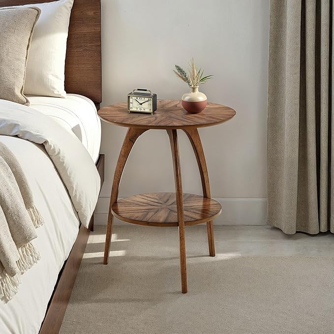 Martin Svensson Home Retro Mid-Century Modern Round Wood End Table, Solid Grain Side Table with Lower Shelf, Small Accent Table for Living Room or Nightstand. Nutmeg Brown.