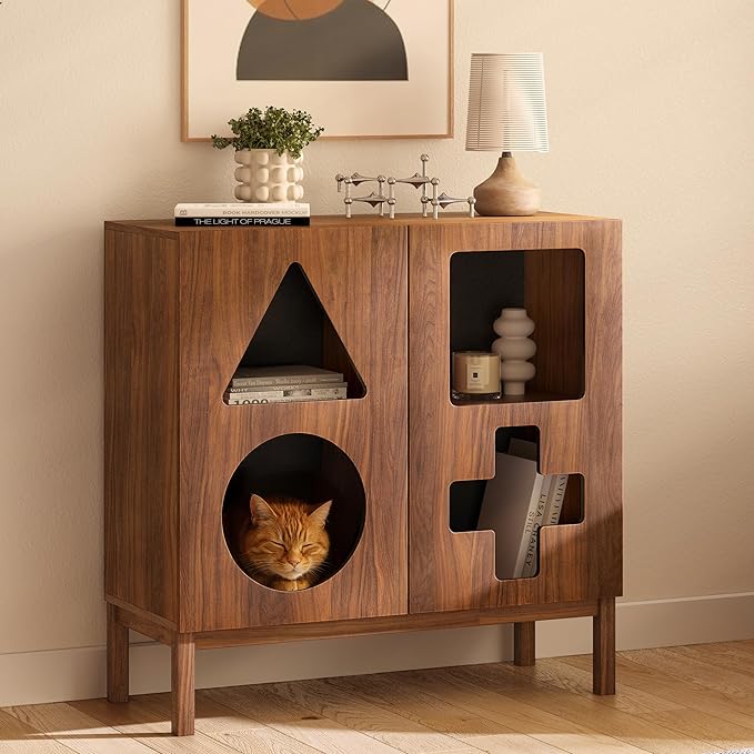 WERMO 37'' Showcase Display Cabinet with Geometric Cut-Out Doors - Modern Curio Cabinet for Dining Room, Living Room, Entryway. Trophy Case, Collectible Display Case Wood with Door & Storage Consoles (Walnut)