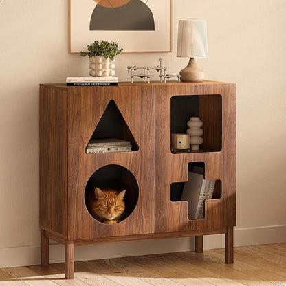 WERMO 37'' Showcase Display Cabinet with Geometric Cut-Out Doors - Modern Curio Cabinet for Dining Room, Living Room, Entryway. Trophy Case, Collectible Display Case Wood with Door & Storage Consoles (Walnut)