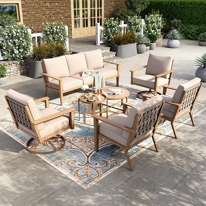 HERA'S HOUSE Patio Furniture Set 7-Piece, Metal Outdoor Conversation Set with Wood Grain Finish, 2 x Leg Chair, 2 x Swivel Outdoor Chair, 1 x 3-Seat Chair, 2 x Multi-Functional Table Garden Deck Lawn