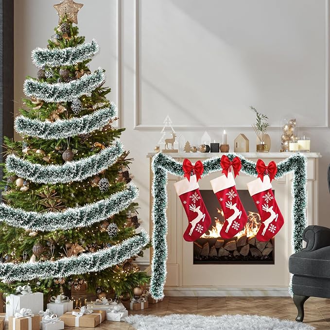 50 Feet Green Christmas Tinsel Garland Christmas Decorations for Xmas Tree Decor Metallic Twist Shiny Hanging Garlands for Tree Mantel Stairs Fireplace Home Indoor Outdoor Holiday Decor Party Supplies